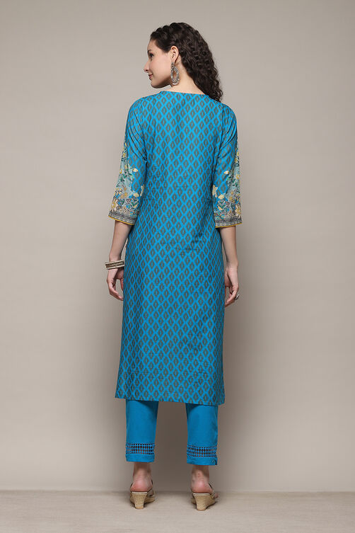 Turquoise Cotton Straight Printed Kurta Ankle Length Suit Set image number 4