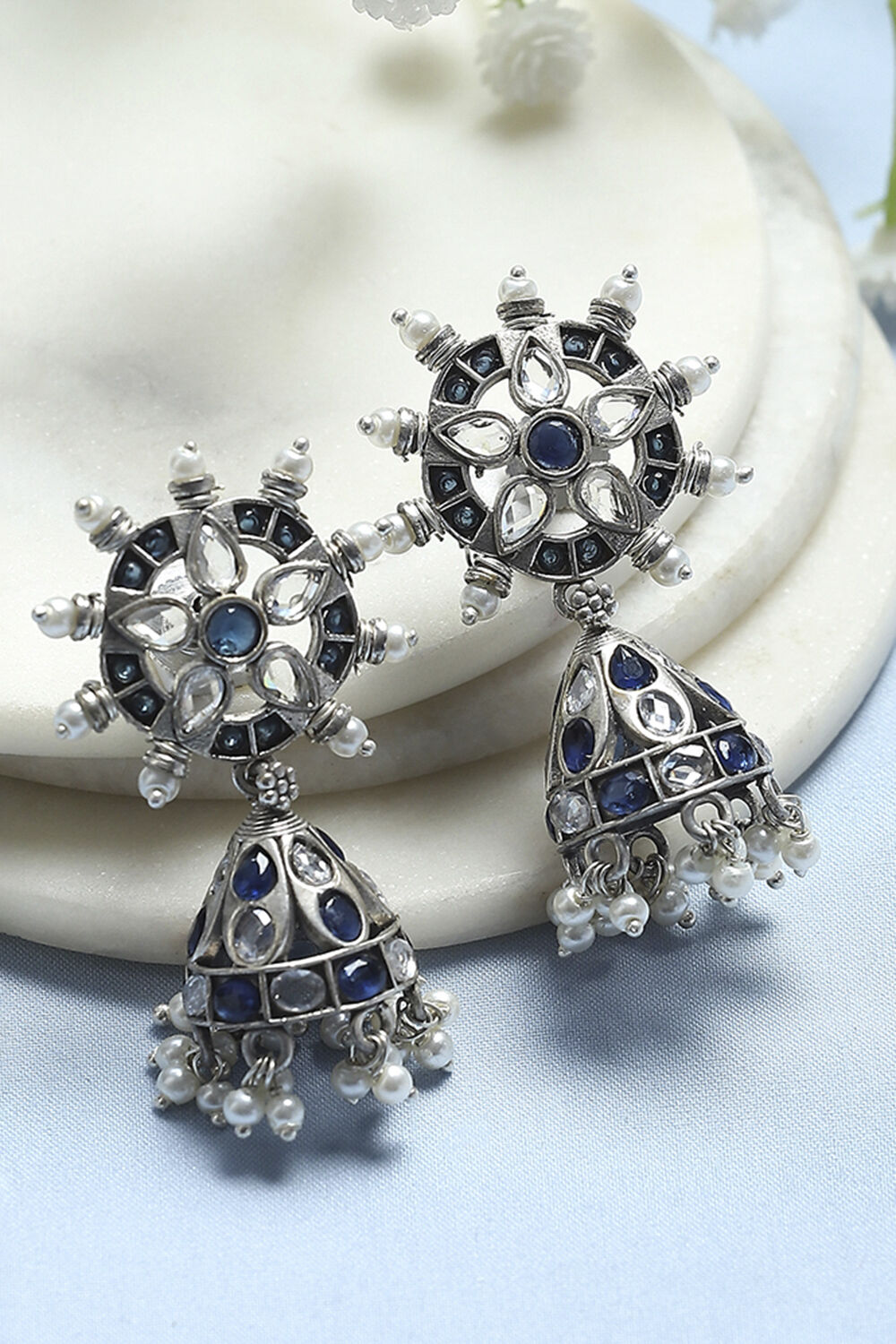 Blue White Brass Jhumka image number 0