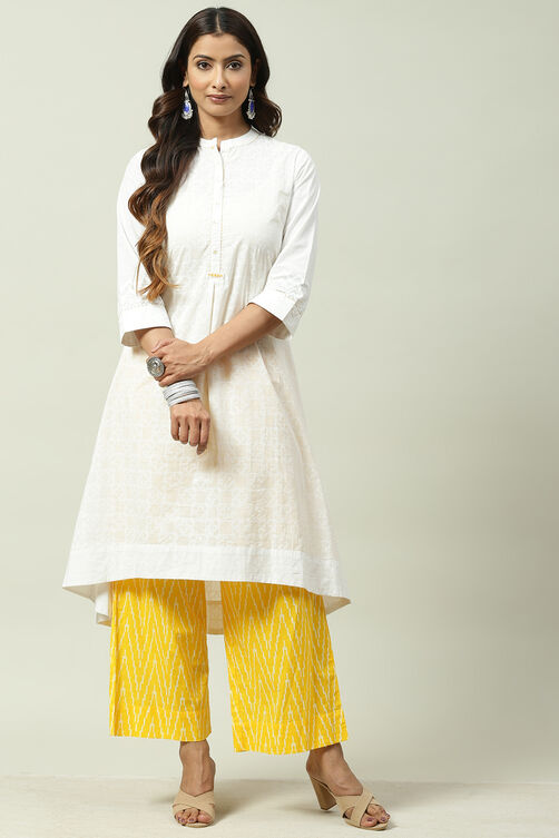 White and Yellow Cotton A - Line Kurta Cropped Palazzo Suit Set image number 0