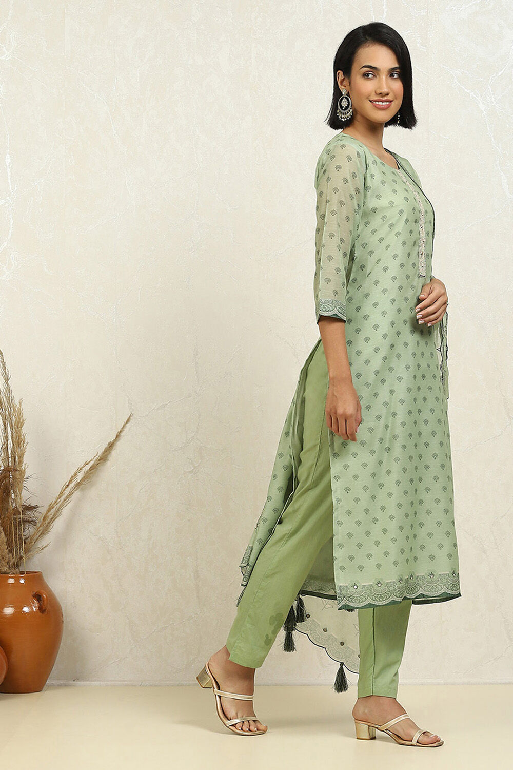 Light Green Chanderi Floral Printed Unstitched Suit Set image number 6