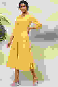 Yellow Cotton Flared Solid Dress image number 2