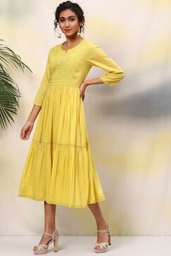Yellow Cotton Flared Solid Dress image number 2