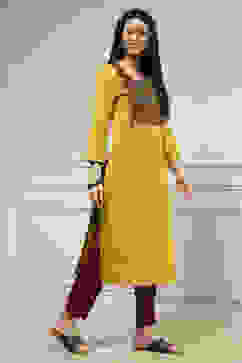 Yellow Cotton Hand Block Print Unstitched Suit Set image number 6