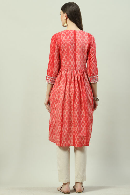 Red Cotton Flared Printed Kurta image number 4