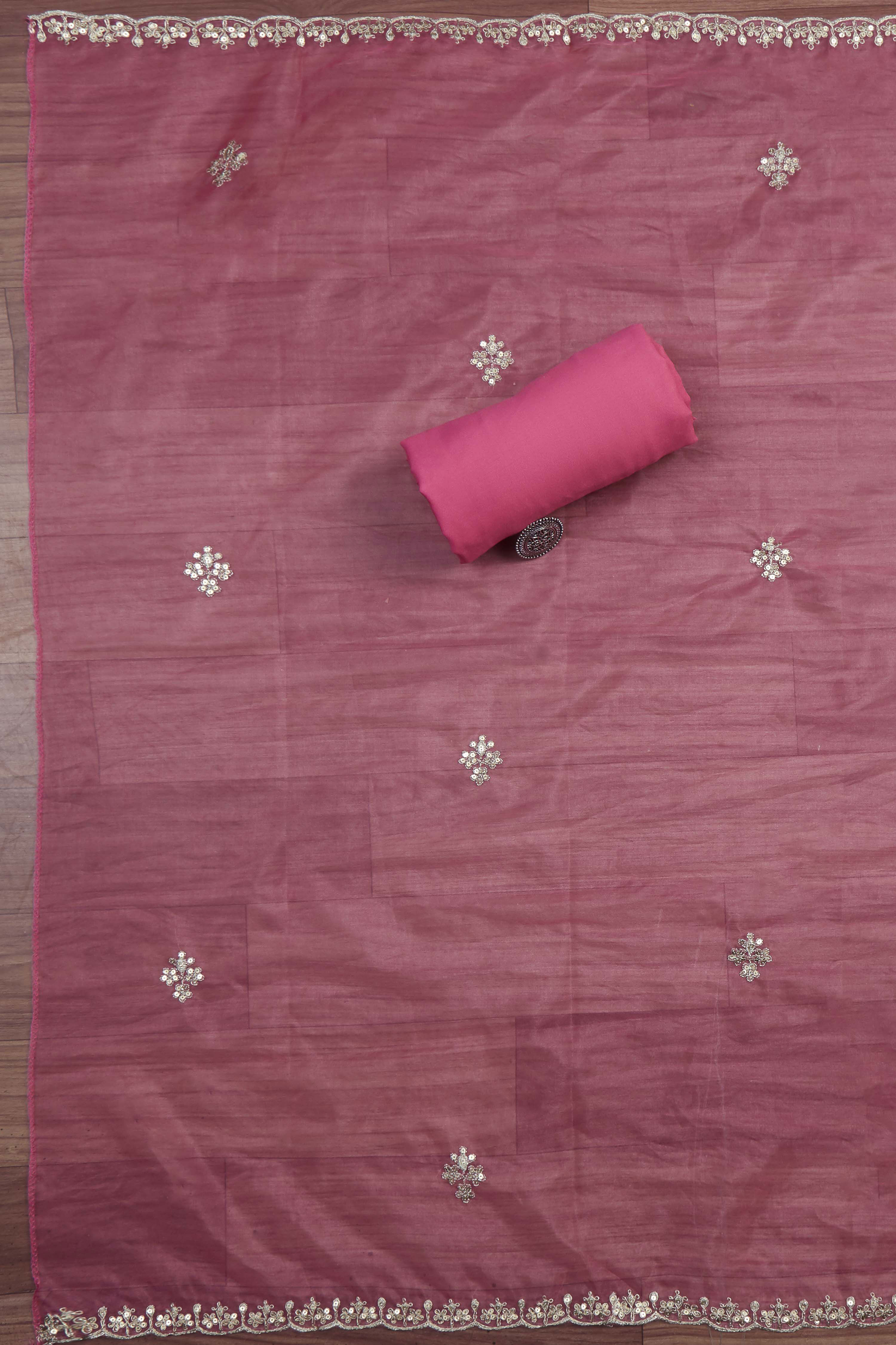 Pink Organza Rajasthani Print Unstitched Suit Set image number 3