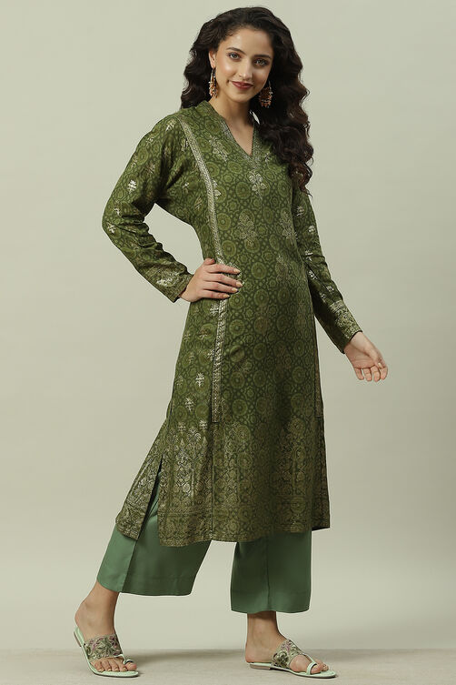 Green Rayon Straight Printed Kurta image number 3