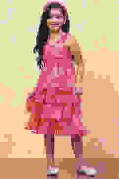 Pink Chiffon Floral Printed Flared Tiered Dress image number 5