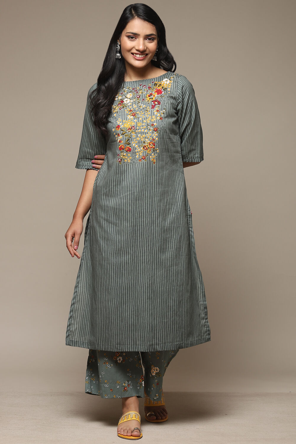 Yellow Cotton Straight Kurta Palazzo Suit Set image number 6