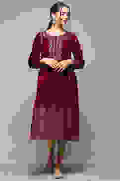 Maroon Poly Velvet Printed Straight Kurta image number 5