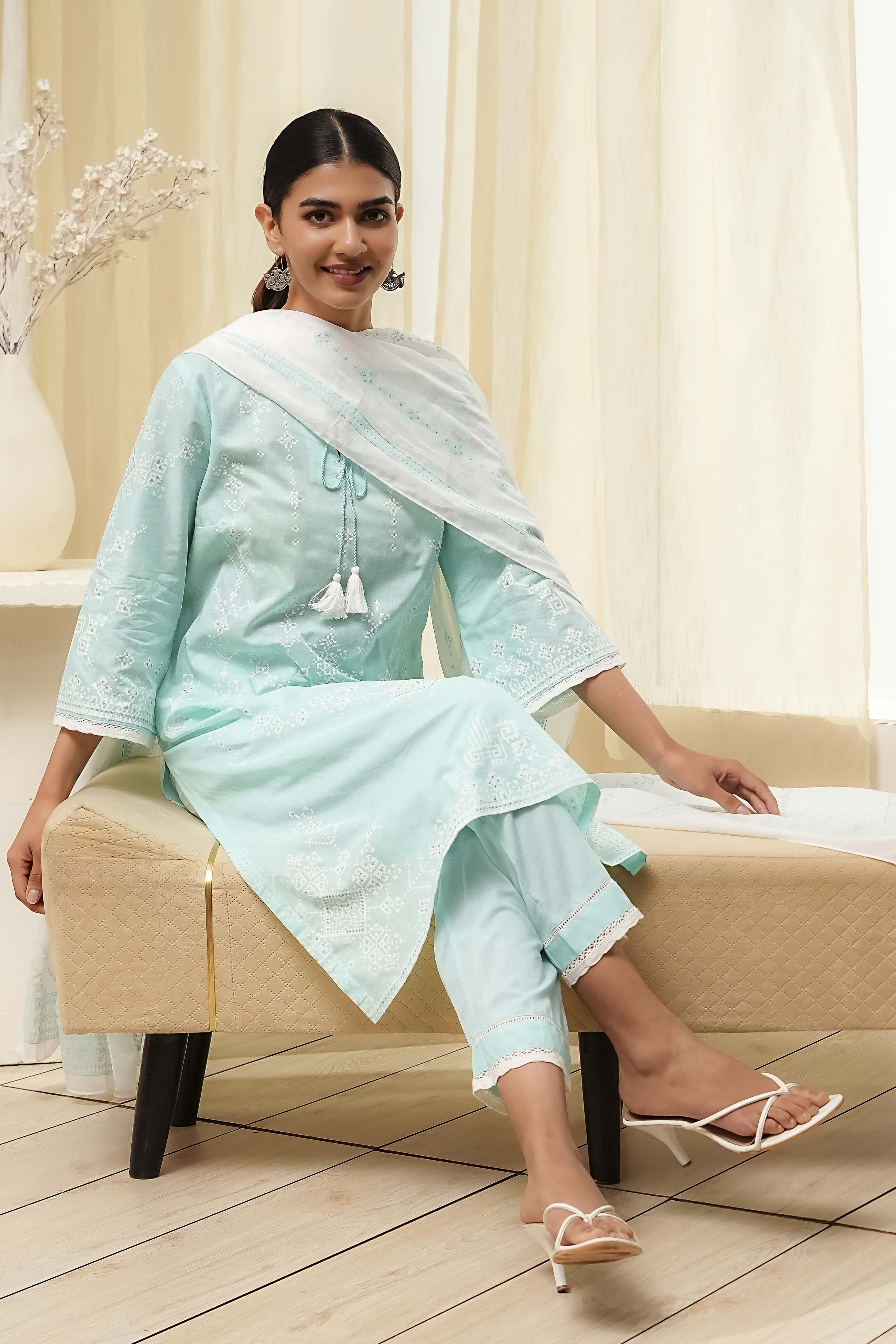 Aqua Cotton Printed Straight Suit Set image number 0