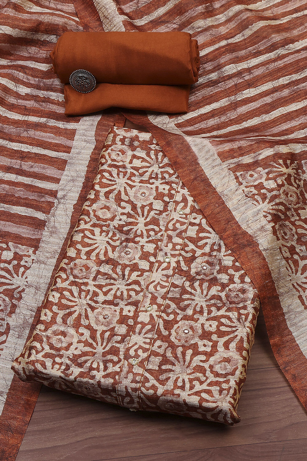 Rust Silk Blend Printed Unstitched Suit Set image number 0
