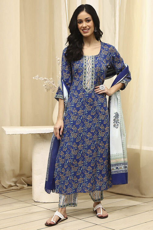 Royal Blue Cotton Screen Print Unstitched Suit Set image number 1