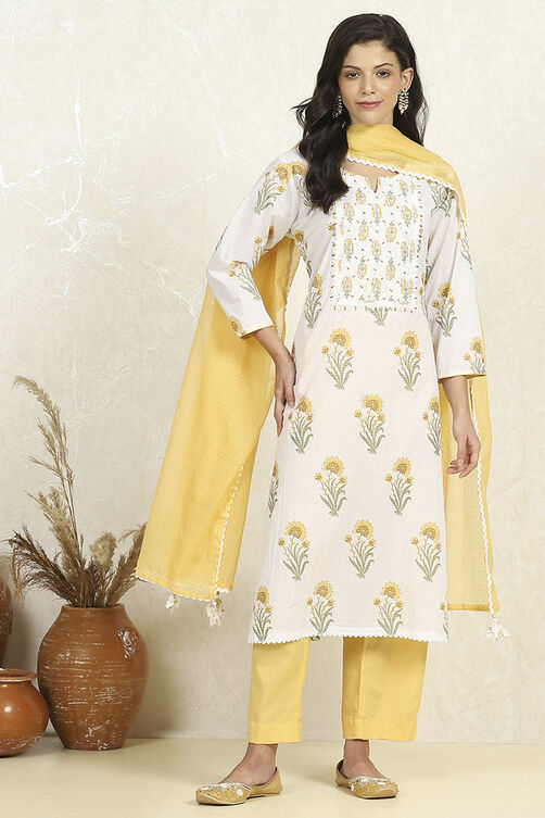 Blue and White Printed Cotton Unstitched Suit Set image number 7
