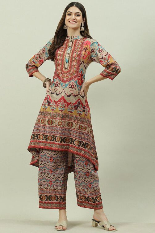 Blue Cotton Blend Asymmetric Printed Kurta Suit Set image number 0