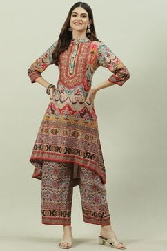 Beige Cotton Blend Asymmetric Printed Kurta Suit Set image number 0
