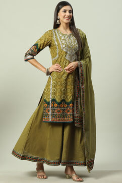 Olive Green Cotton Straight Kurta Sharara Suit Set image number 5