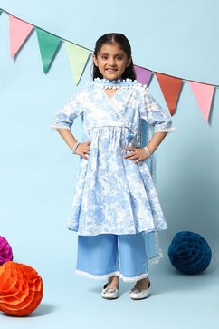 Blue Cotton Gathered Kurta Straight Palazzo Suit Set image number 0