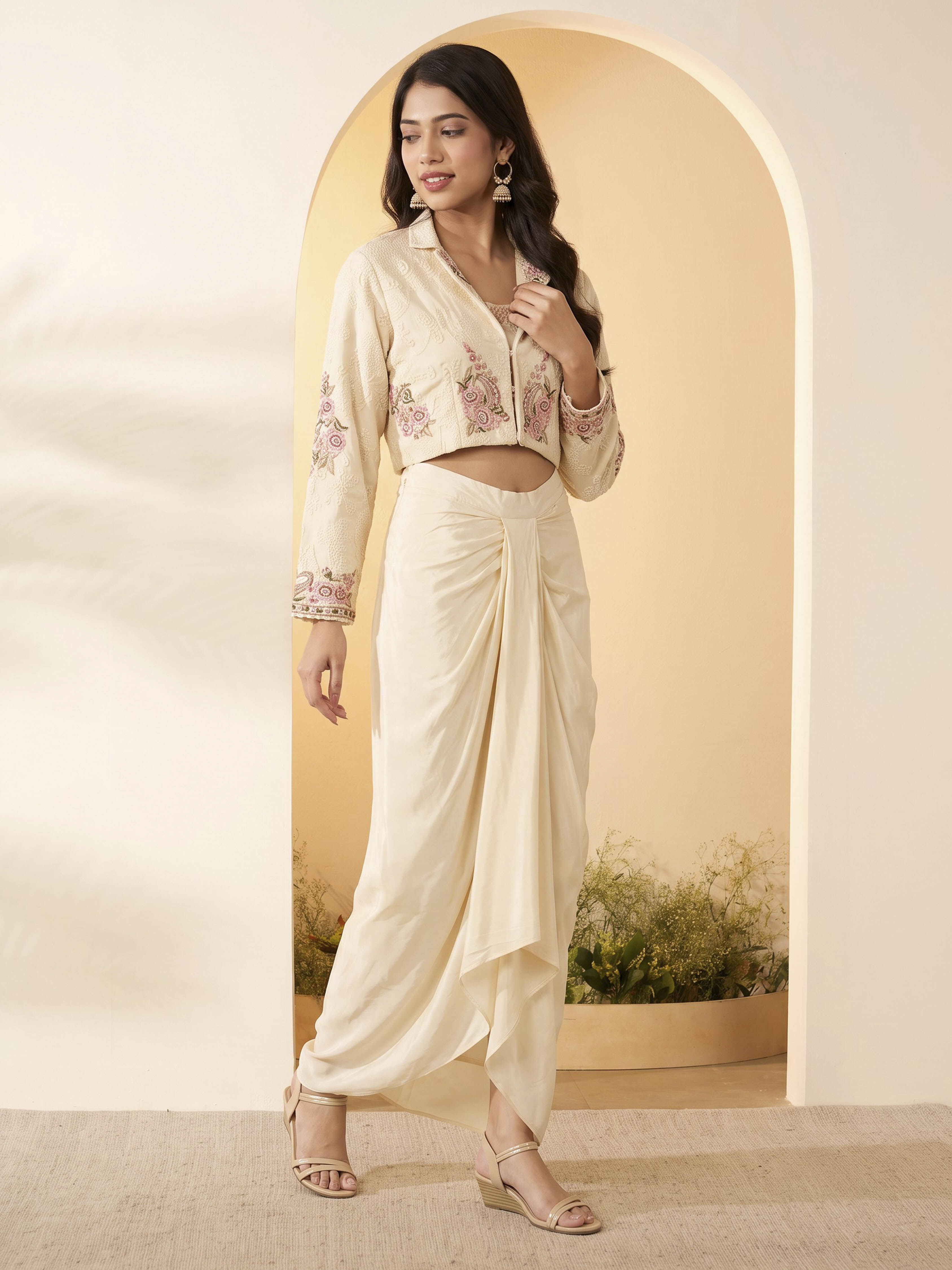 Ivory Viscose Rayon Embroidered Layered Fusion Set image number 3
