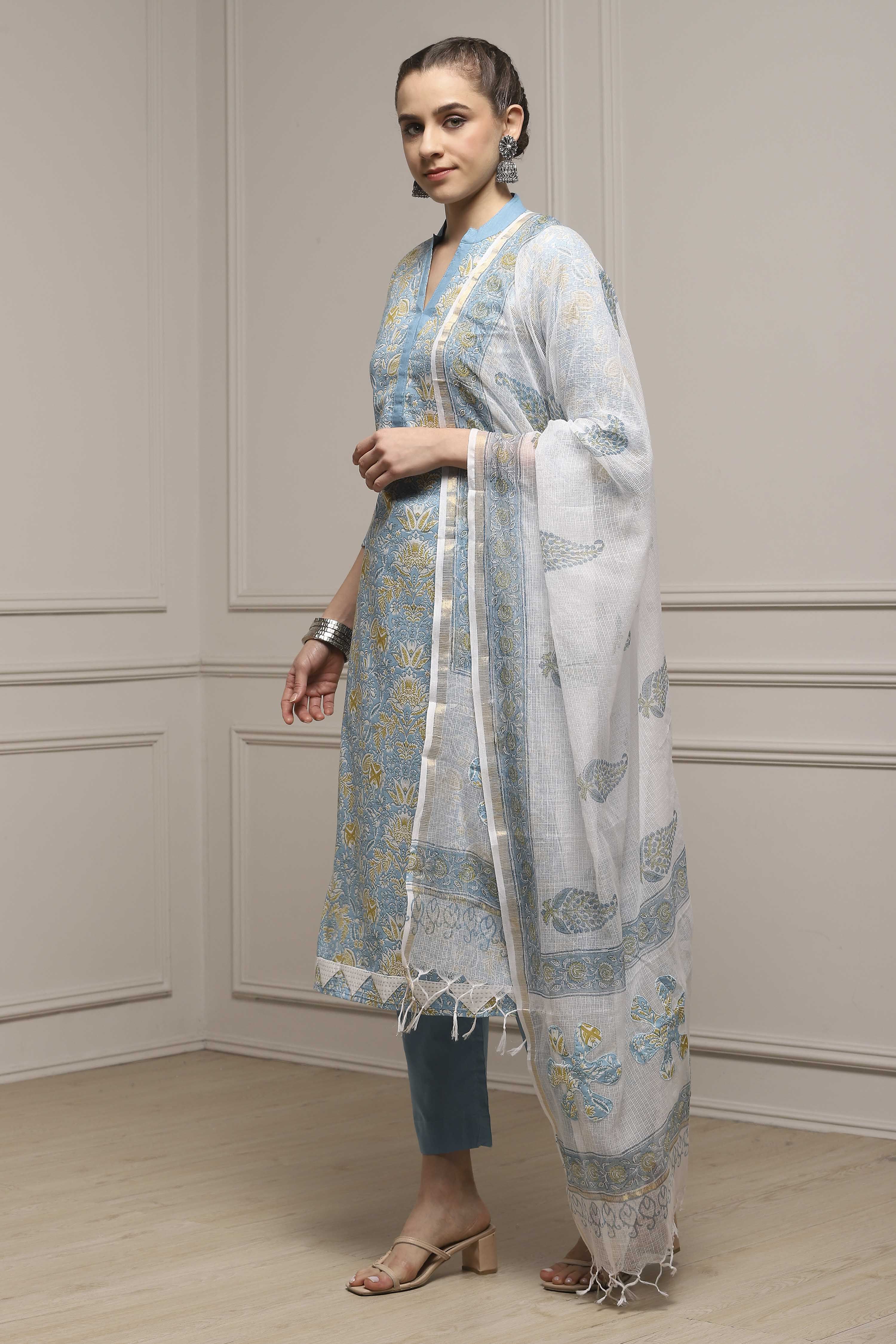 Pink Cotton Hand Block Print Unstitched Suit Set image number 4