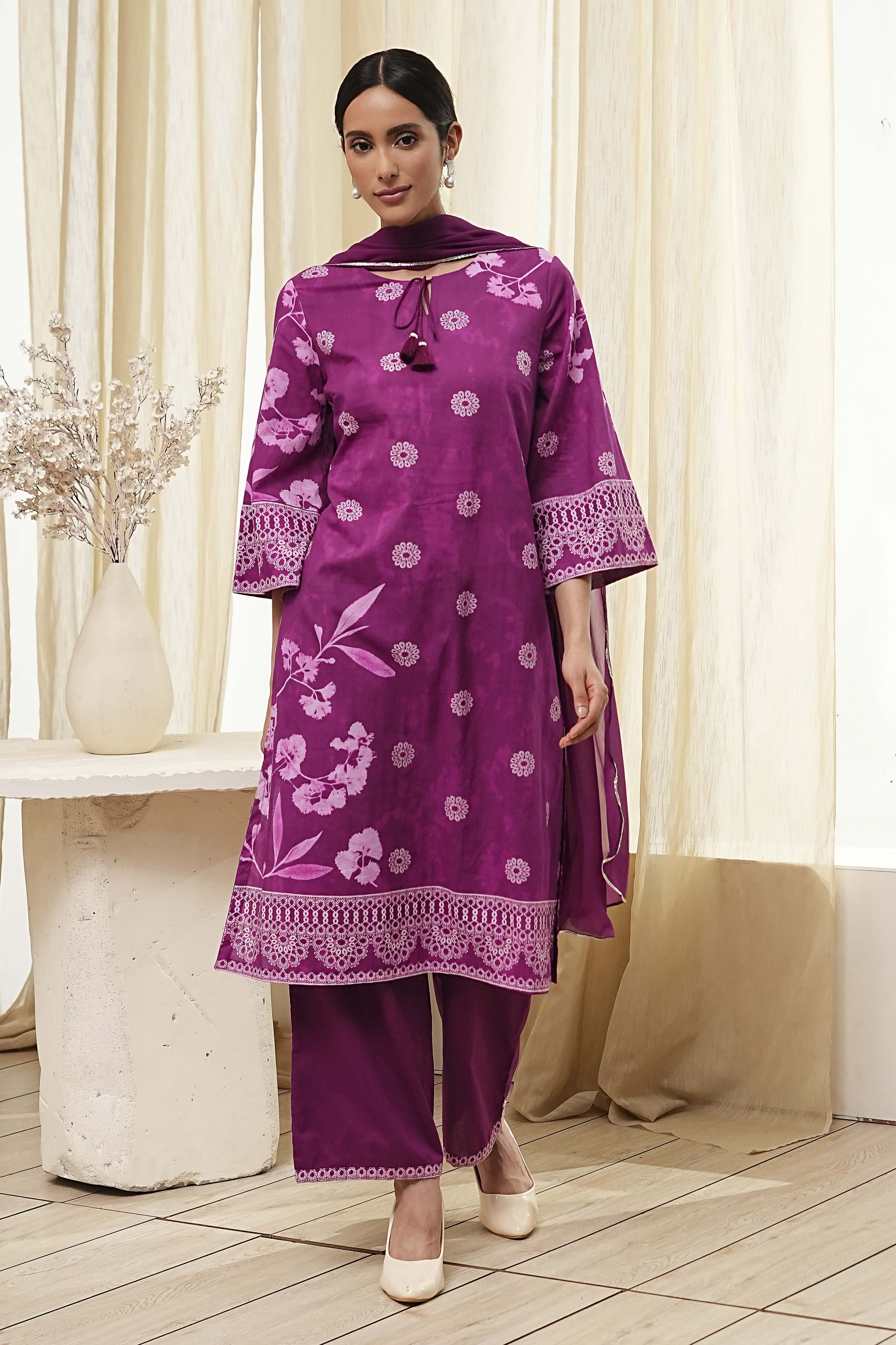 Berry Purple Cotton Straight Suit Set image number 6