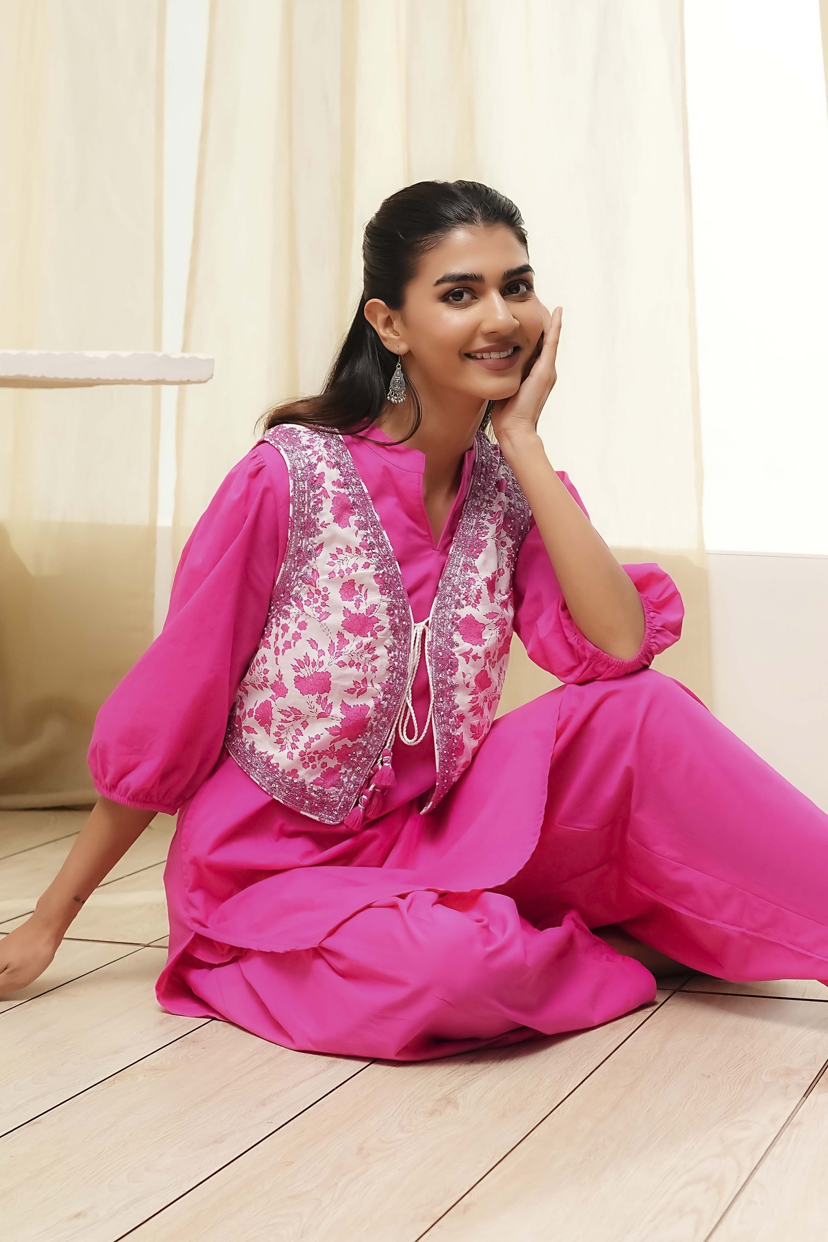 Pink and White Cotton Pathani Straight Kurta Set