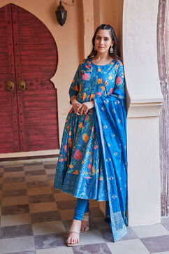 Teal Cotton Printed Anarkali & Churidar Suit Set image number 3