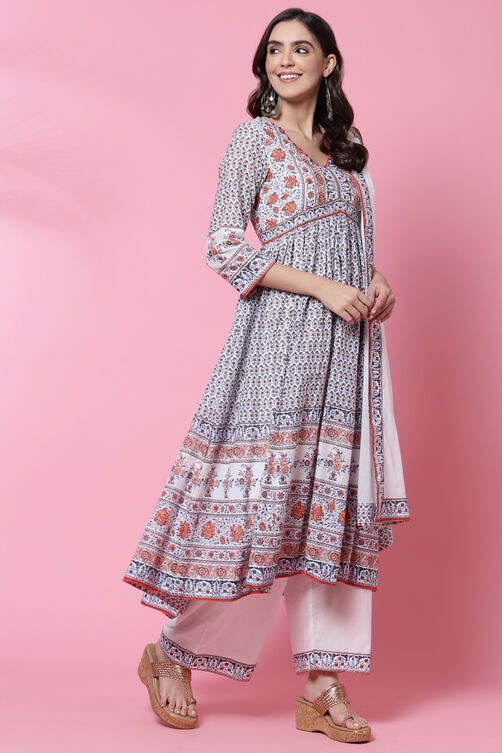 White Cotton Flared Kurta Palazzo Suit Set image number 6