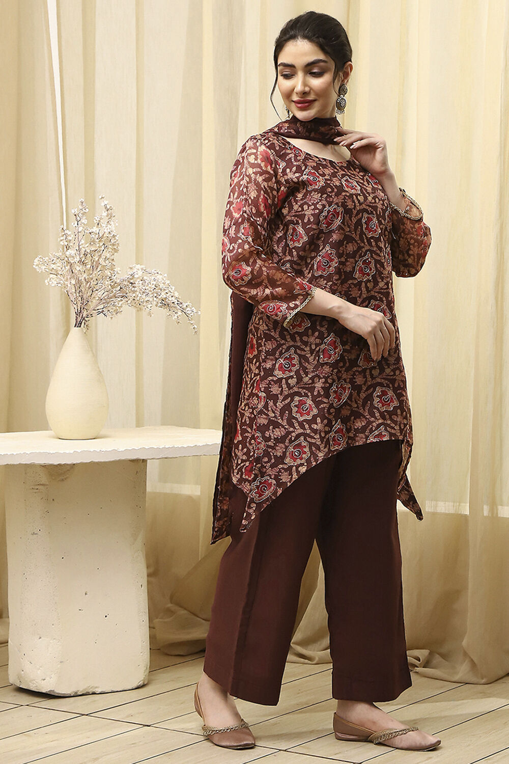 Maroon Chanderi Printed Embroidered Unstitched Suit Set image number 6