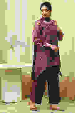 Maroon Chanderi Printed Embroidered Unstitched Suit Set image number 6