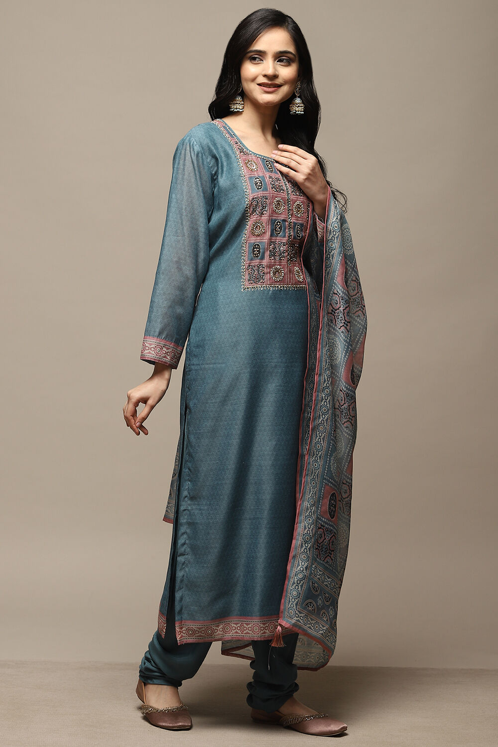 Peach Chanderi Machine Embroidered Unstitched Suit Set image number 5