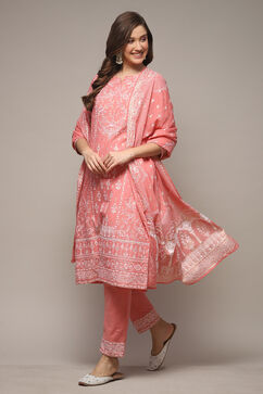 Light Coral Cotton Straight Kurta Pants Suit Set image number 0