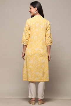 Yellow Cotton Straight Kurta image number 3