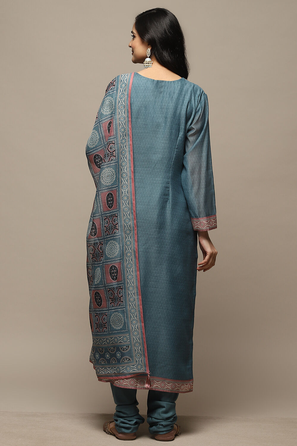 Peach Chanderi Machine Embroidered Unstitched Suit Set image number 3