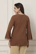 Brown Cotton Floral Yoke Embroidered Straight Kurti image number 3