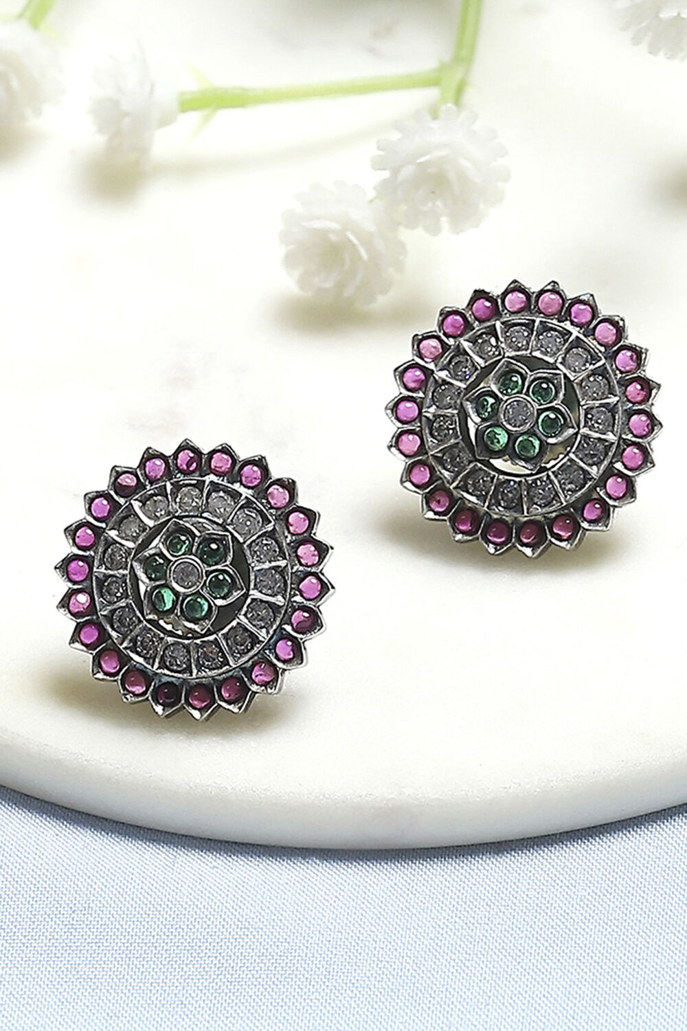 Pink and Green Oxidised Stone-Studded Studs image number 0