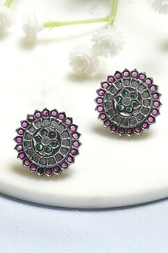 Pink and Green Oxidised Stone-Studded Studs image number 0