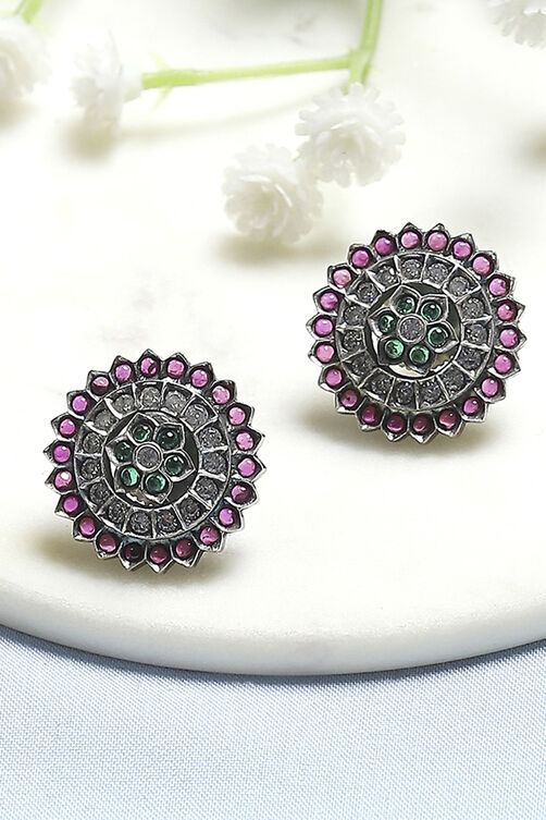 Pink and Green Oxidised Stone-Studded Studs image number 0