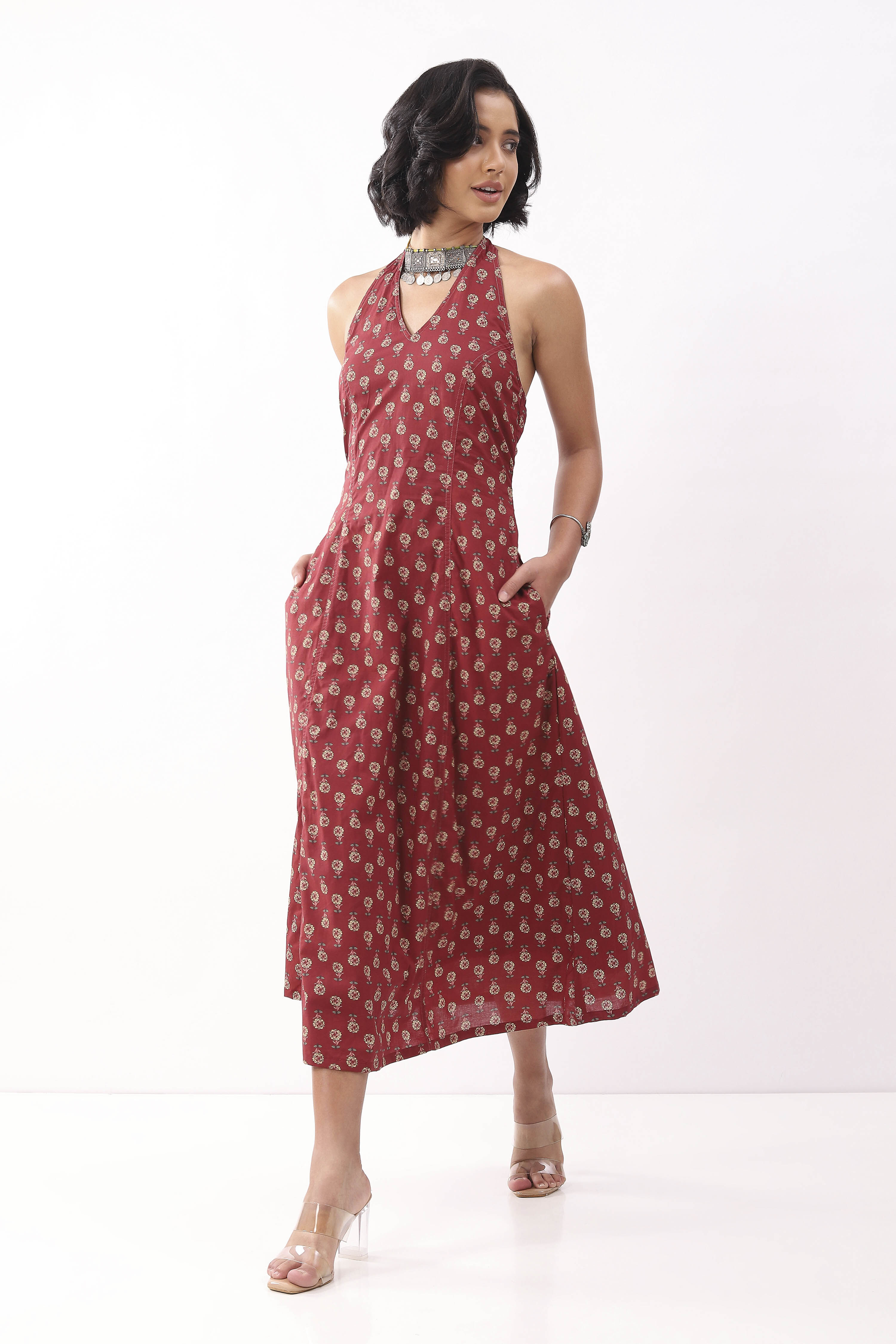 Maroon Cotton Printed A Line Dress image number 2