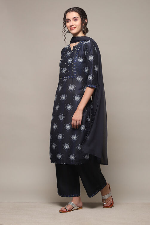 Navy Art Silk Straight Kurta Palazzo Suit Set image number 5