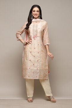 Peach Chanderi Blend Machine Embroidered Unstitched Suit Set image number 8