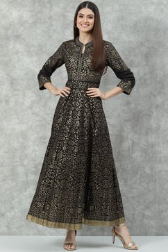 Black Cotton Flared Printed Dress image number 0