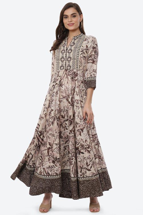 Beige LIVA Flared Printed Kurta Dress image number 0