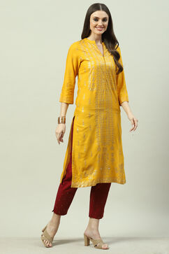 Yellow LIVA Straight Printed Kurta image number 3