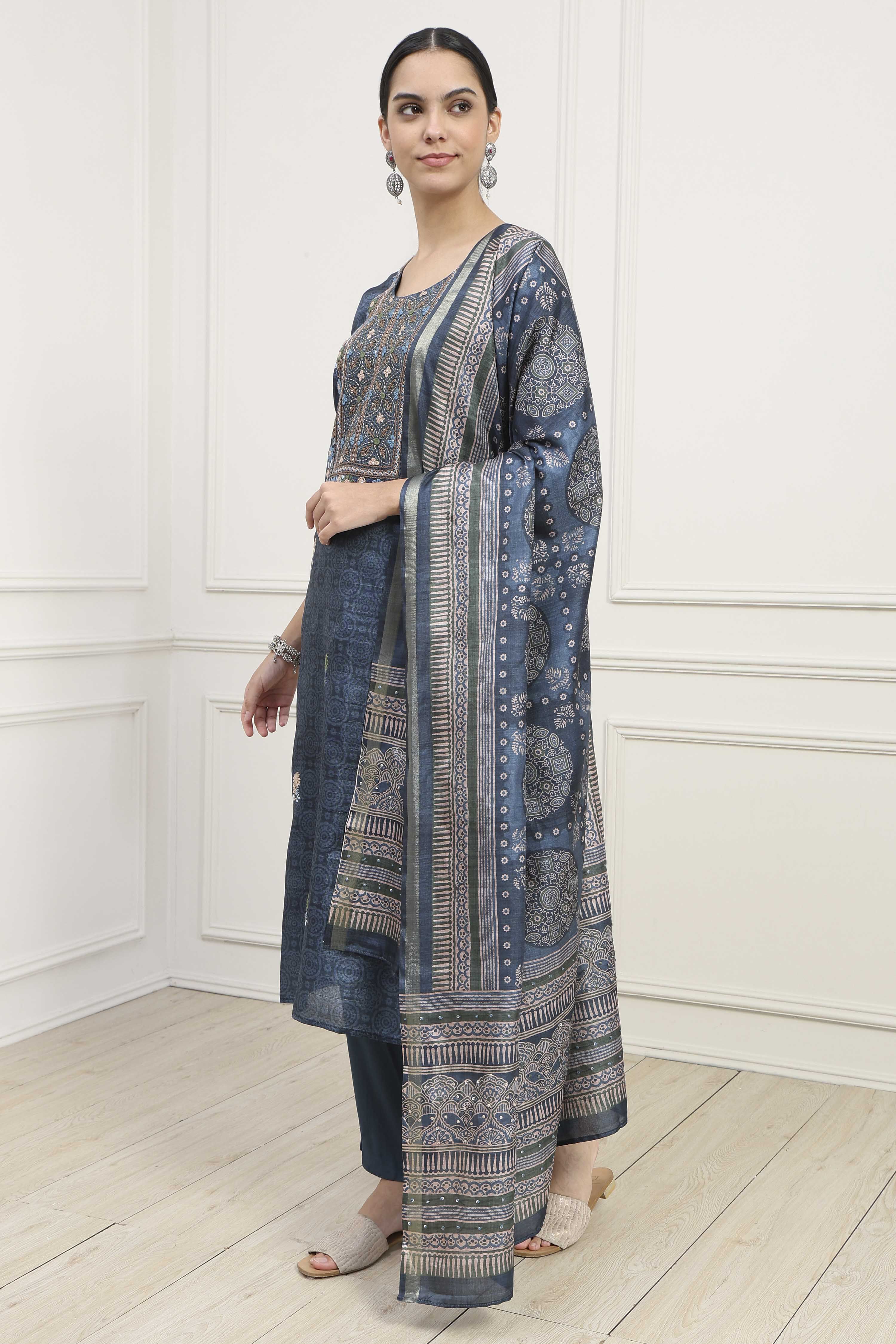 Mustard Silk Tussar Hand Embroidered Unstitched Suit Set image number 4