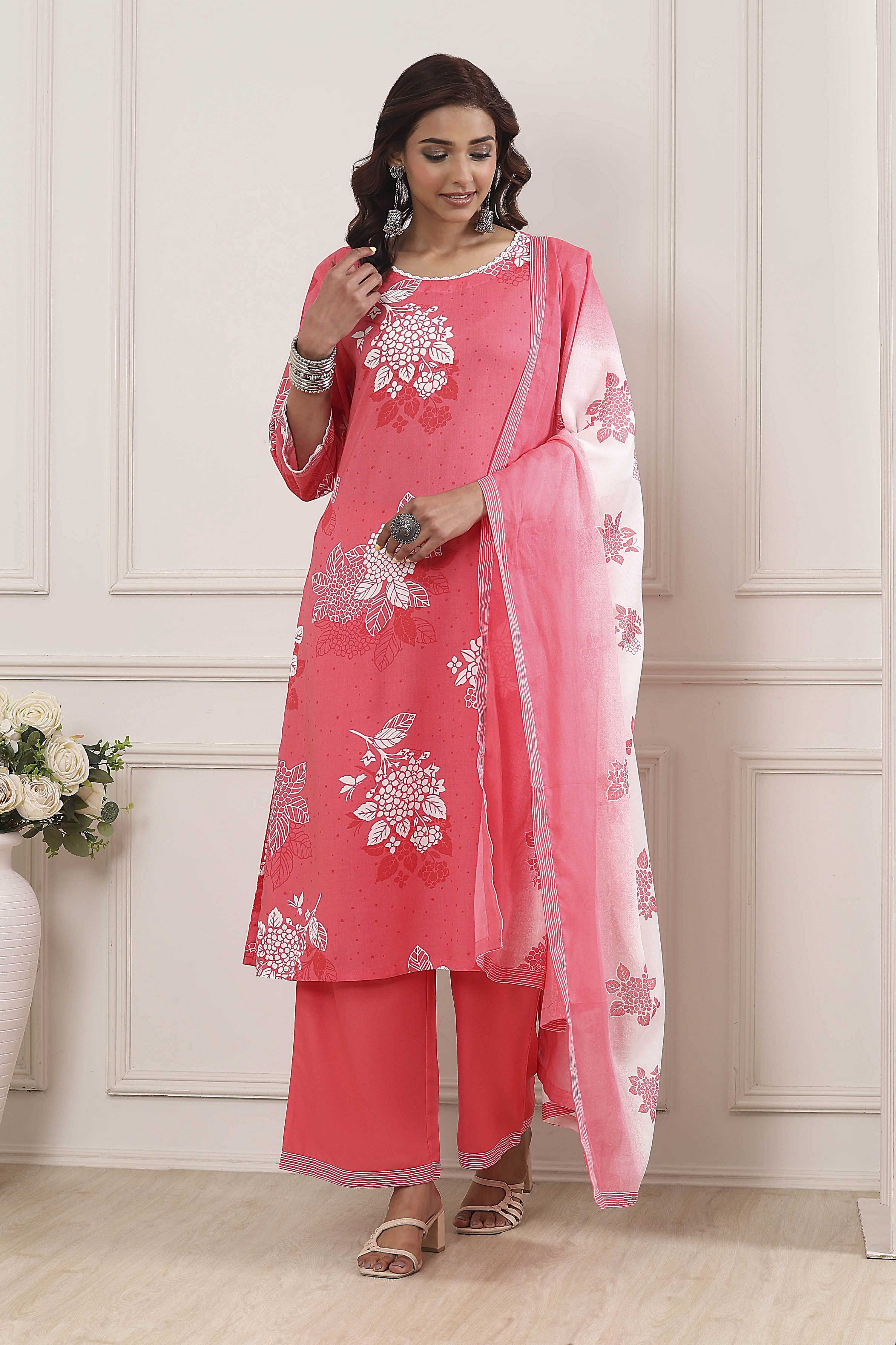 Coral Floral Printed Straight Suit Set image number 0
