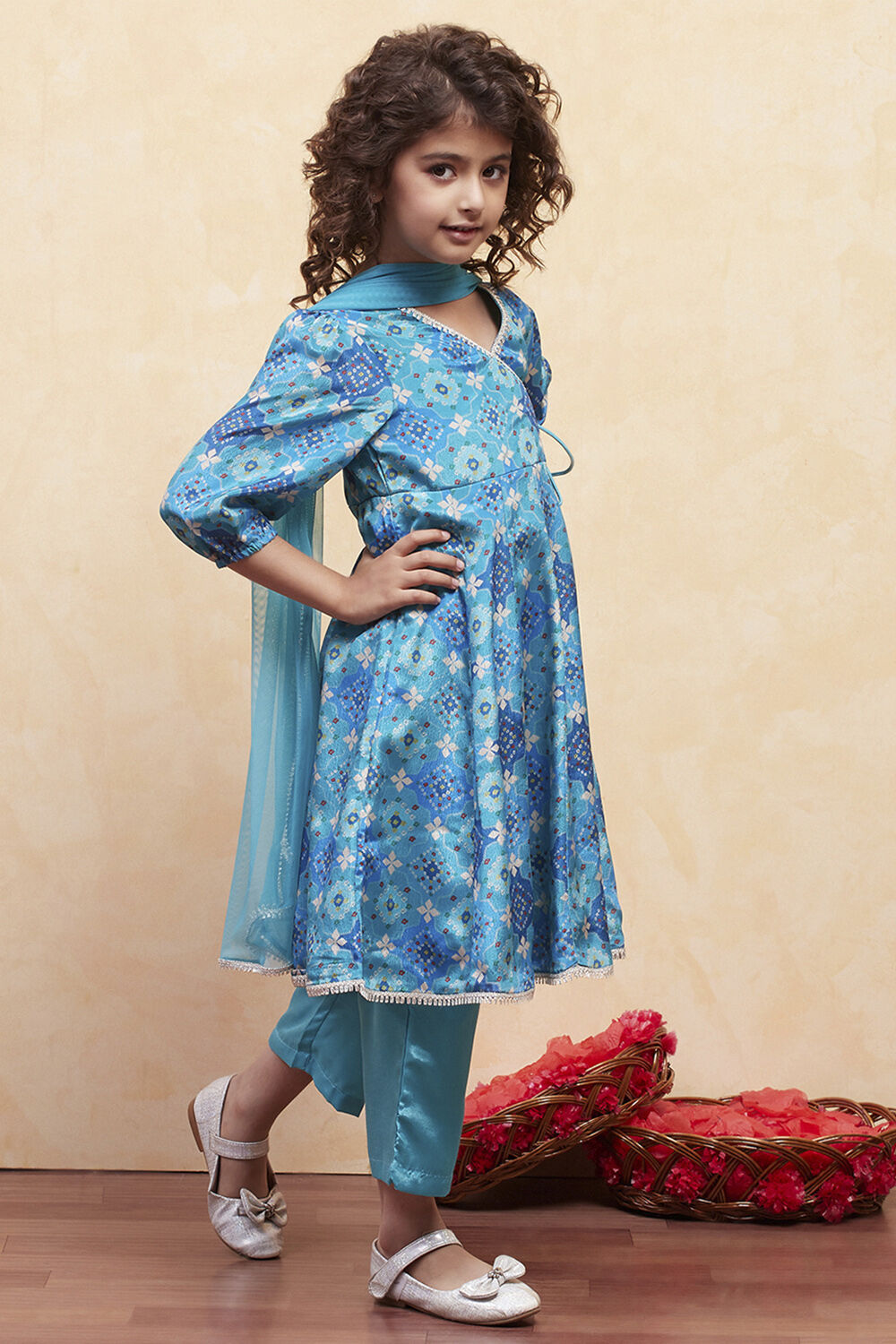 Turquoise Angrakha Printed Flared Suit Set image number 5