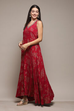 Cherry Red Rayon Flared Printed Dress image number 2