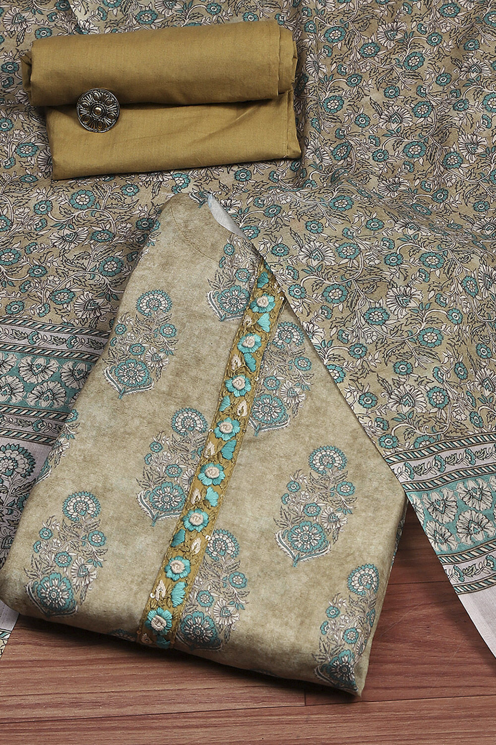 Lime Green Cotton Digital Print Unstitched Suit Set image number 0