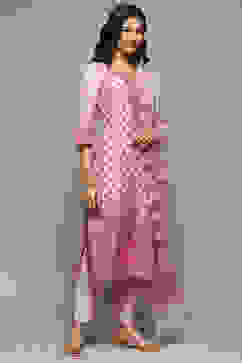 Peach Cotton Blend Straight Yarndyed Kurta Suit Set image number 6