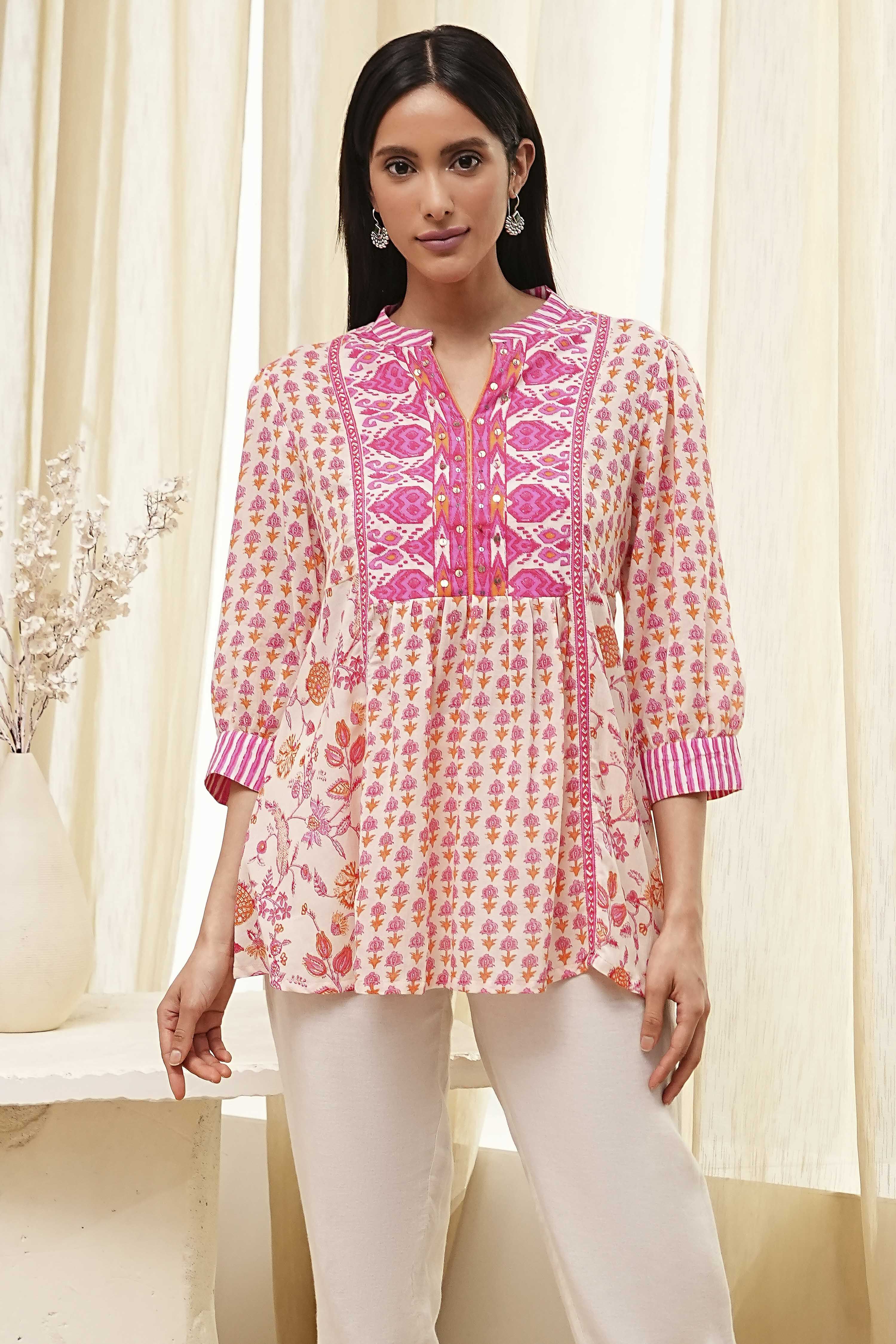 Pink Cotton Printed A-line Short Kurta image number 5